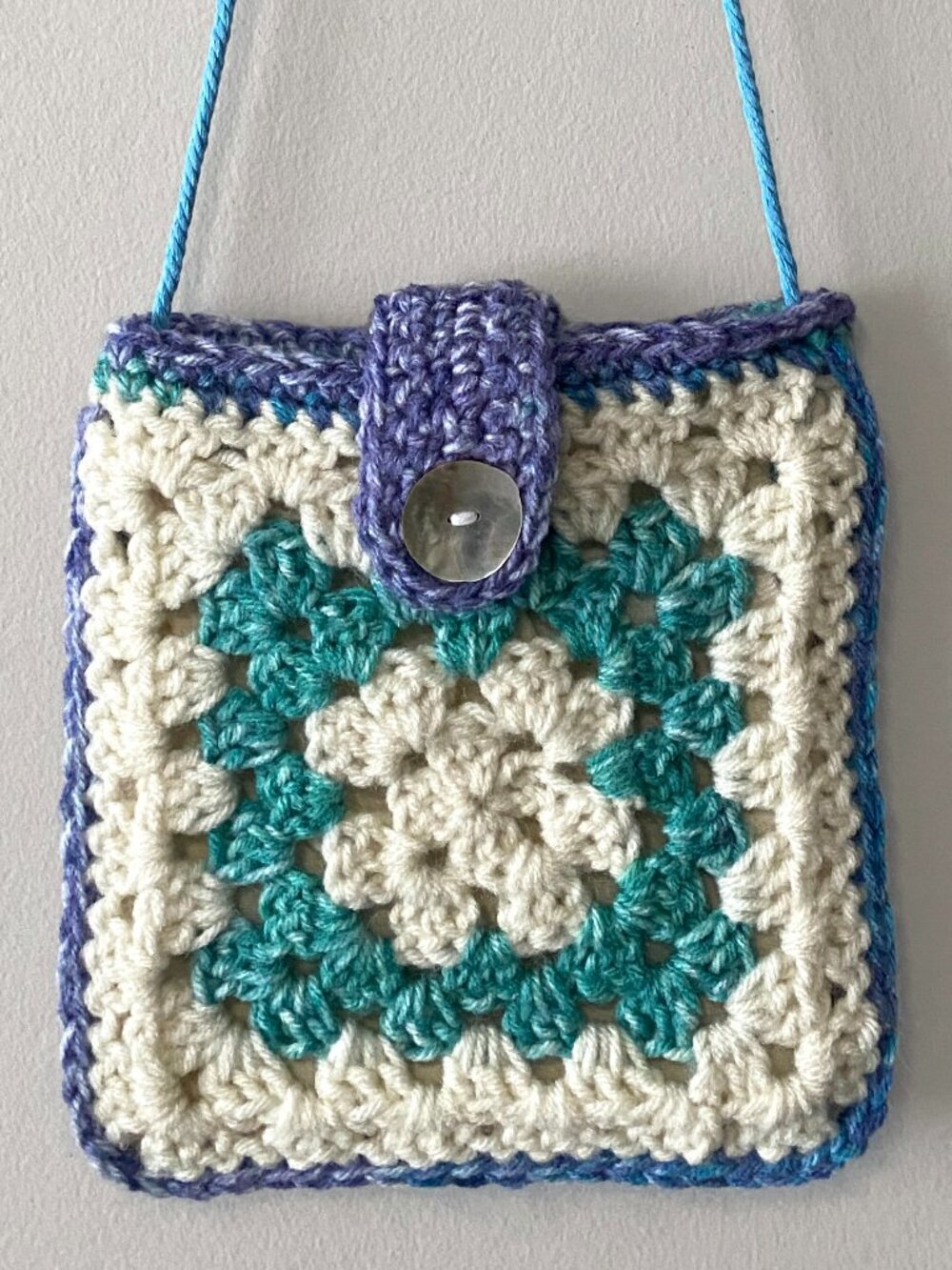 Handmade Crochet White Purple Blue Teal Acrylic Cotton Crossbody Bag